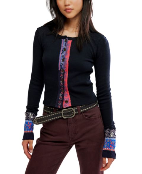 Женский кардиган Free People We The Free Noa Long-Sleeve Scoop-Neck Fitted Cardigan, цвет: Угольный комбинированный