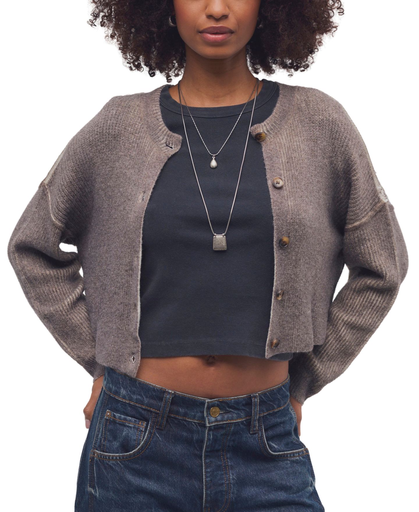 Женский кардиган Free People Ottilie Cropped Scoop Neck Button-Up Cardigan, цвет: Тёмно-коричневый — фото 6