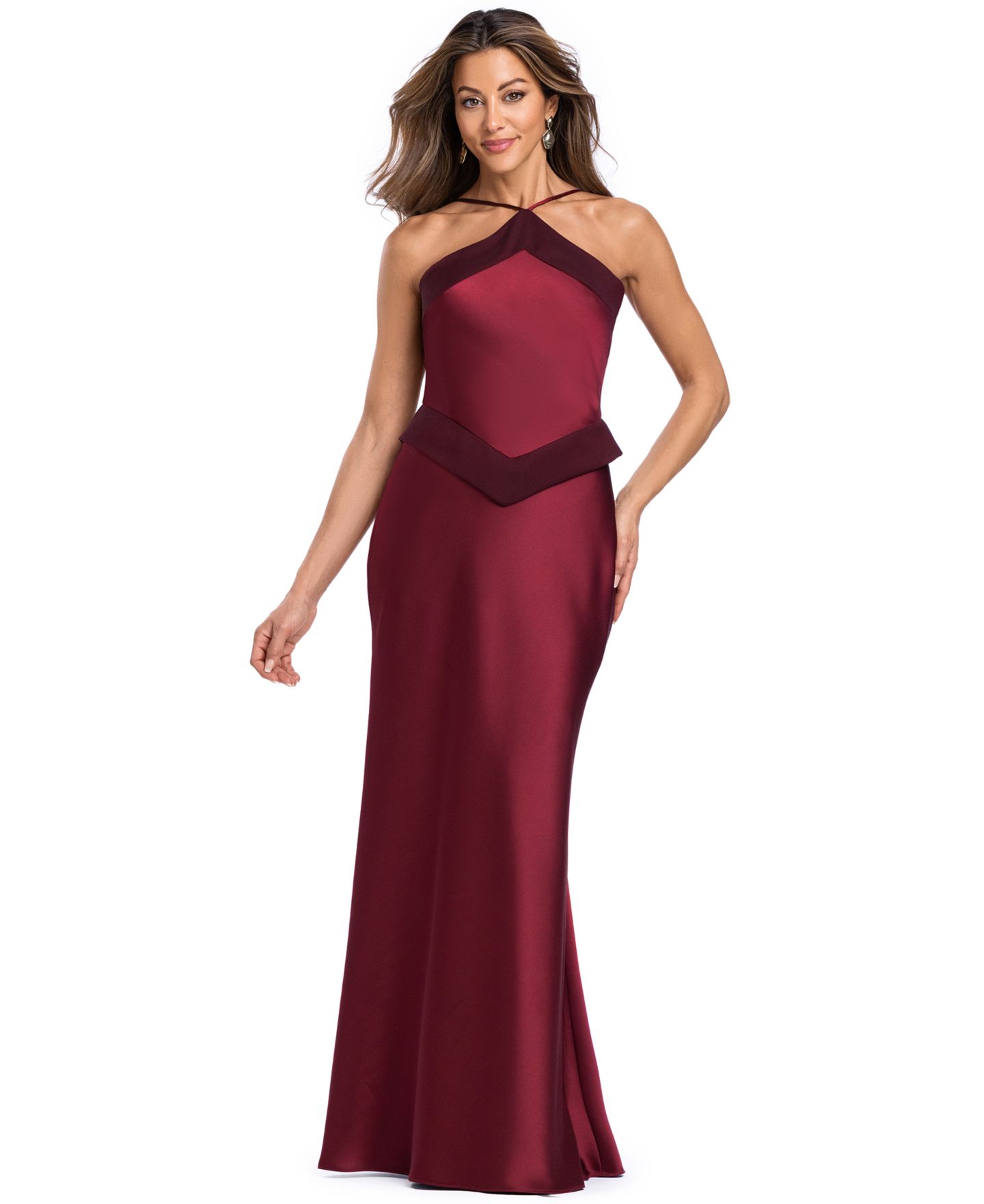 Женское платье XSCAPE Halter Satin Peplum Gown, цвет: Винный — фото 3