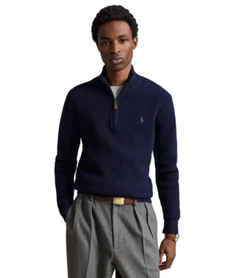 Men's Quarter-Zip Mock-Neck Waffle-Knit Wool-Cotton Blend Sweater