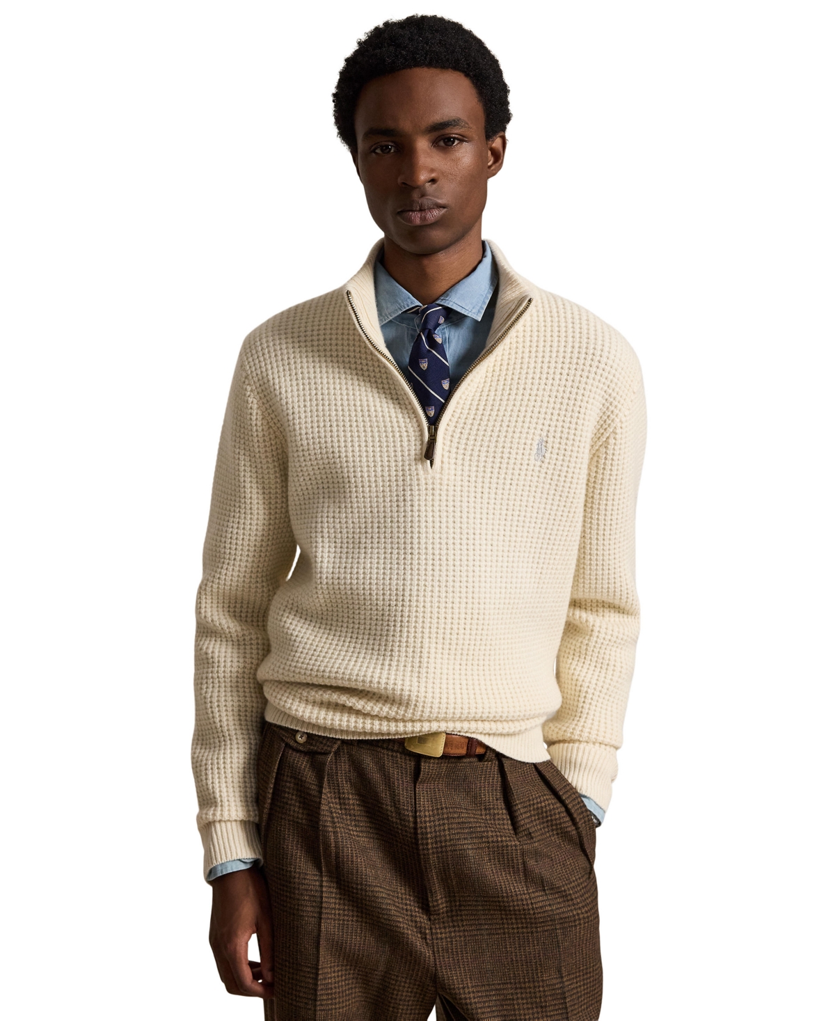 Polo Ralph Lauren Men's Quarter-Zip Mock-Neck Waffle-Knit Wool-Cotton Blend Sweater