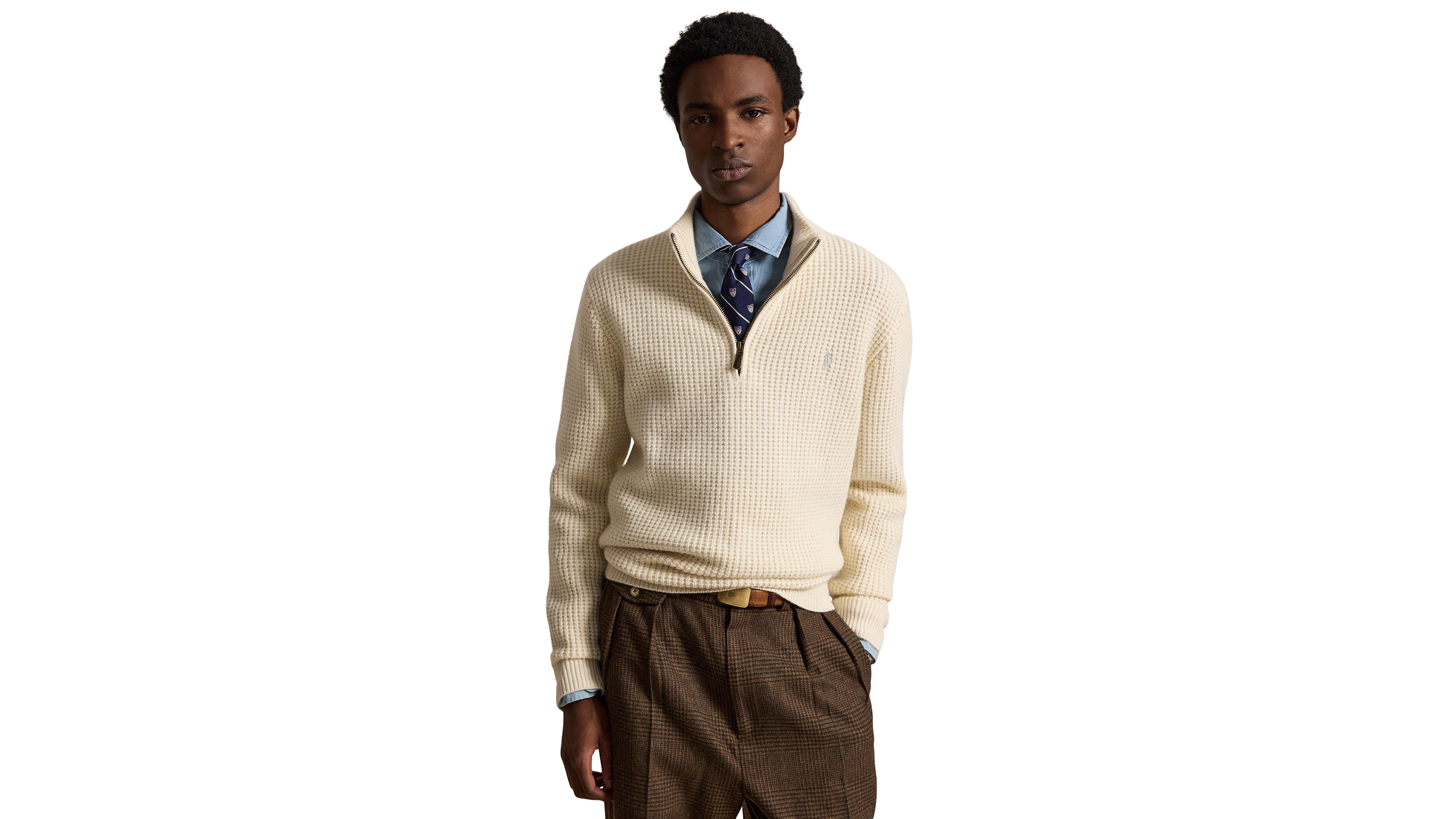Polo Ralph Lauren Men's Quarter-Zip Mock-Neck Waffle-Knit Wool-Cotton Blend Sweater