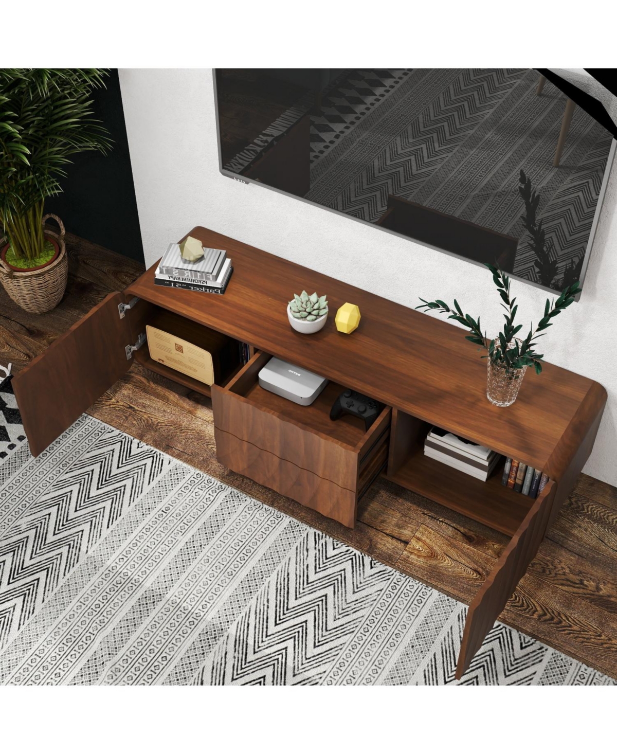Rainsken 58 inch Tv Stand, Spiral Wave Design, With Storage Cabinet And 2 Drawers for 60" , Media Console, Living Dining