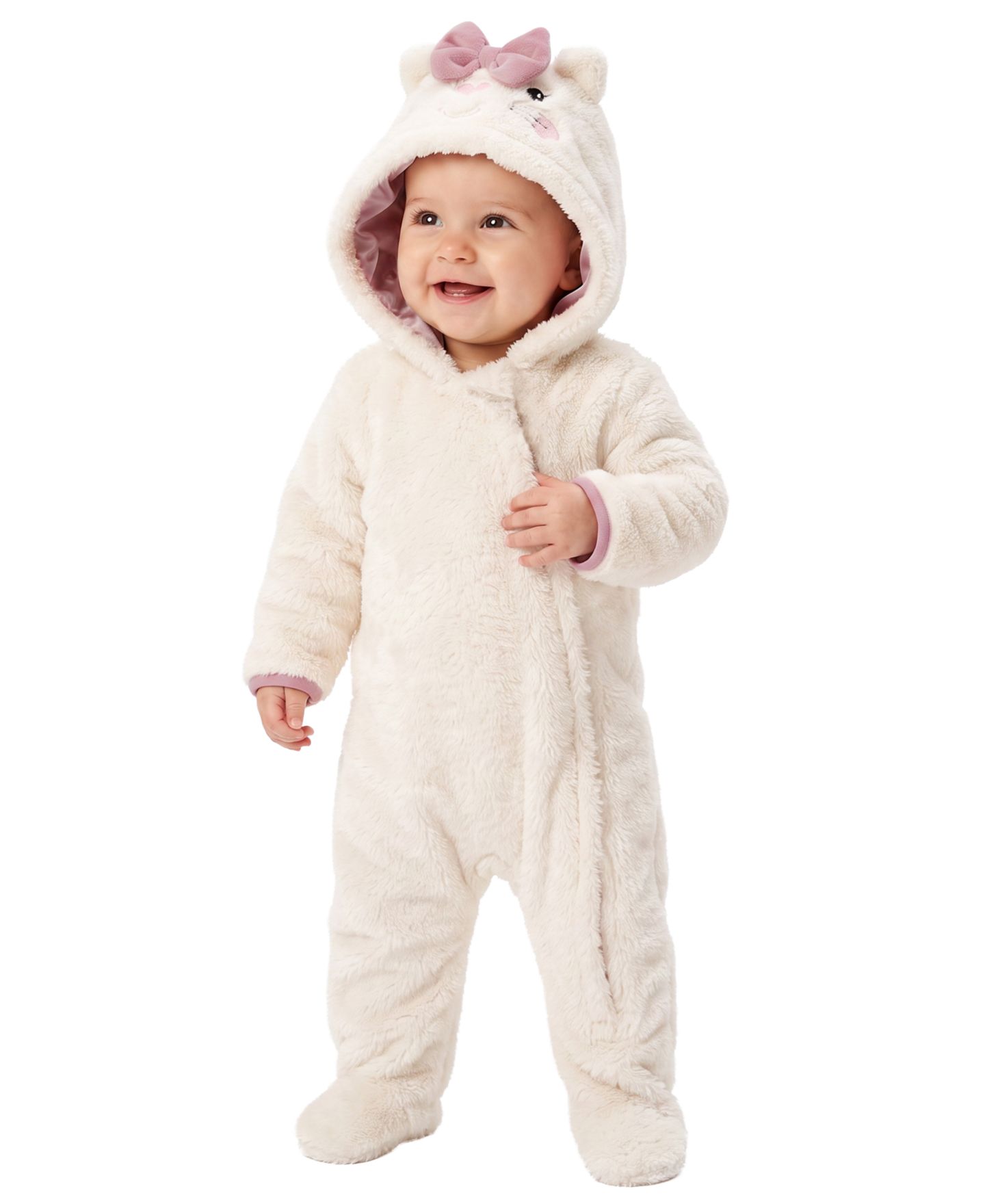 Baby Essentials Baby Girls' Cat Sherpa Hooded Zipper-Closure Footie, цвет: Белый — фото 1