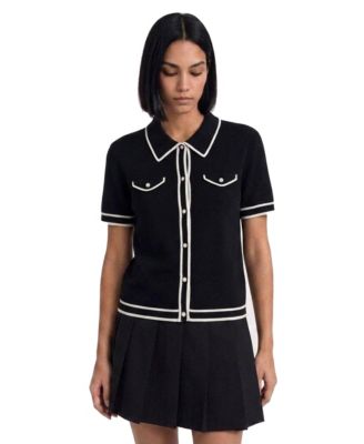 Women's Faux Pearl Button Up Cropped Polo