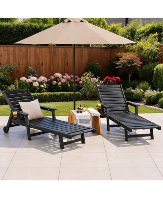 Set of 2 HDPE Outdoor Patio Chaise Lounge Chairs, 5-Position Adjustable Recliners with Cup Holders Wheels Armrests for Poolside Deck Backyard