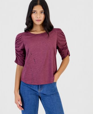 Petite Printed Ruched-Sleeve Scoop-Neck Top