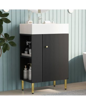 22" Modern Freestanding Bathroom Vanity with Ceramic Sink, Side Storage Cabinet, Soft Close Door for Small Spaces