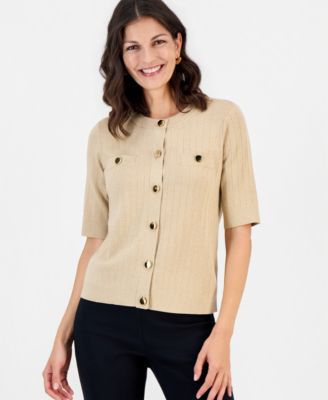 Petite Lurex Pointelle Short-Sleeve Cardigan Sweater