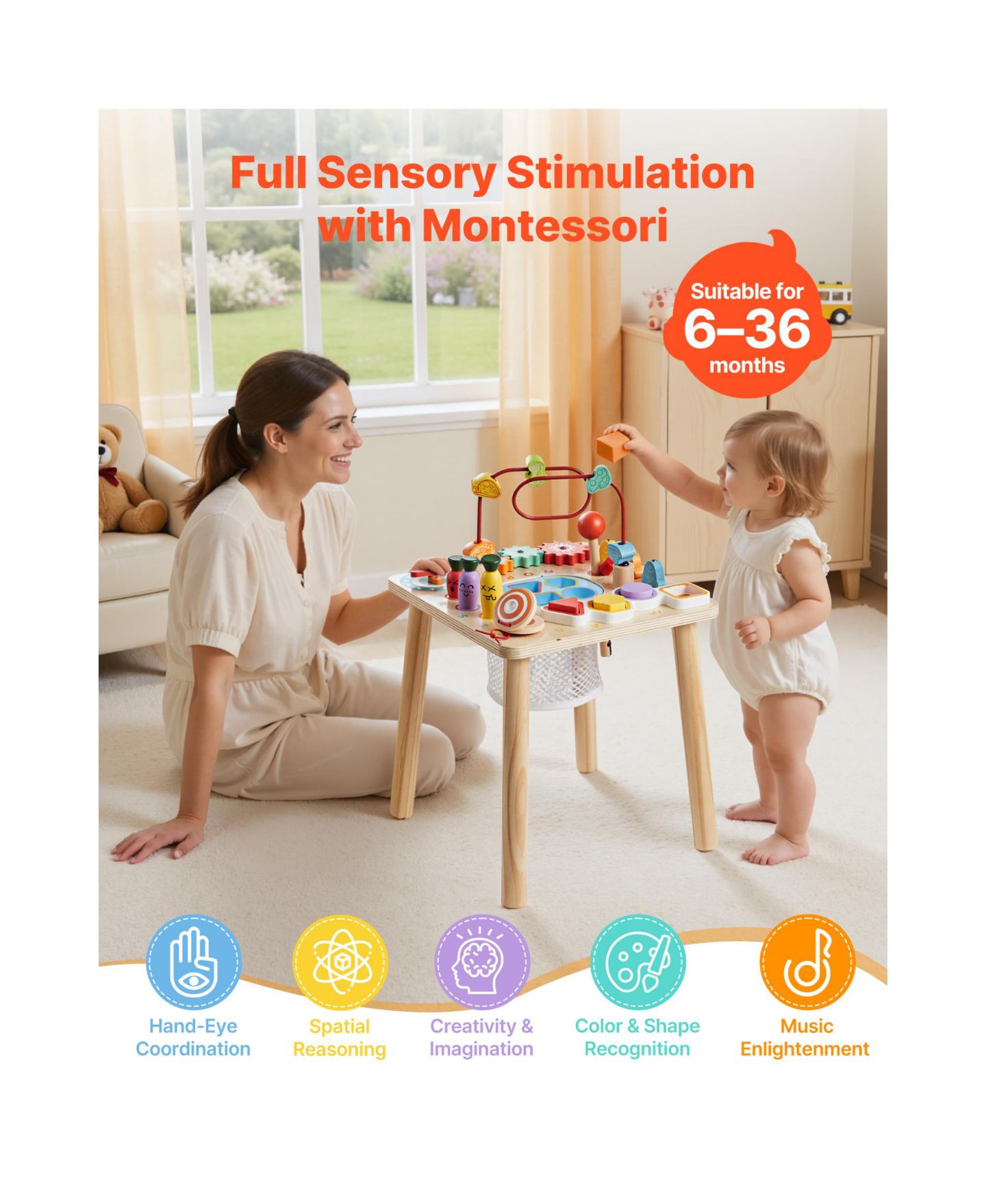 Детская игрушка SUGIFT 8-in-1 Shape Sorting Activity Table, Ages 6 Months+, цвет: Натуральный — фото 5
