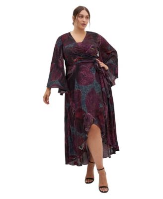 Women's Plus Size Evangeline V-Neck Bell-Sleeve Floral-Print Wrap Maxi Dress