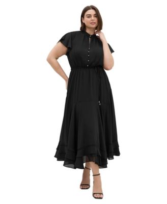 Plus Size Yasmine Victorian-Turtleneck Sheer Cap-Flutter Sleeves Maxi Dress