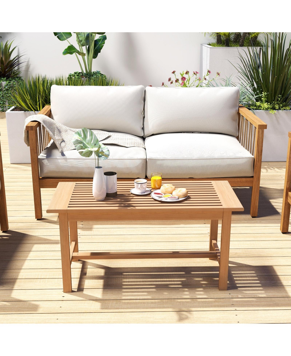 Mecale 36 in Teak Coffee Table with Slatted Top, Holds 145 lbs