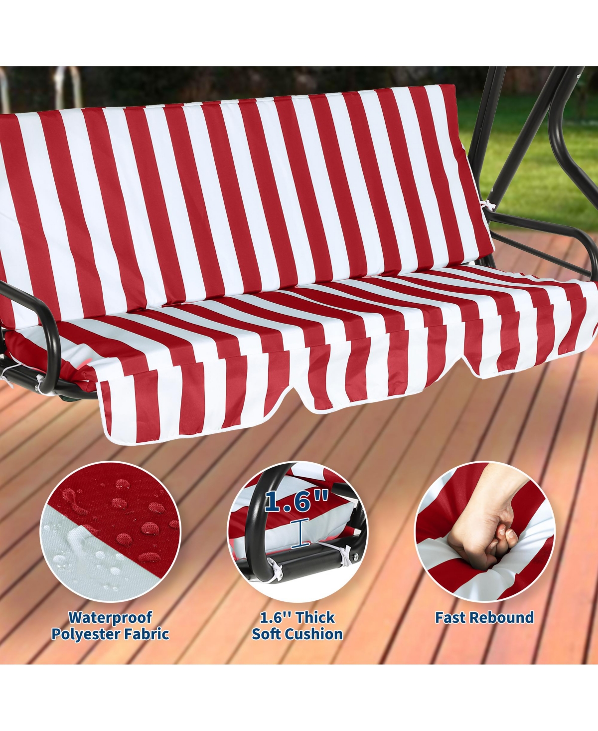 gaomon 3-Seat Outdoor Porch Swing with Adjustable Canopy, Patio Glider Bench with Cushions and Steel Frame for Backyard, Garden and Deck