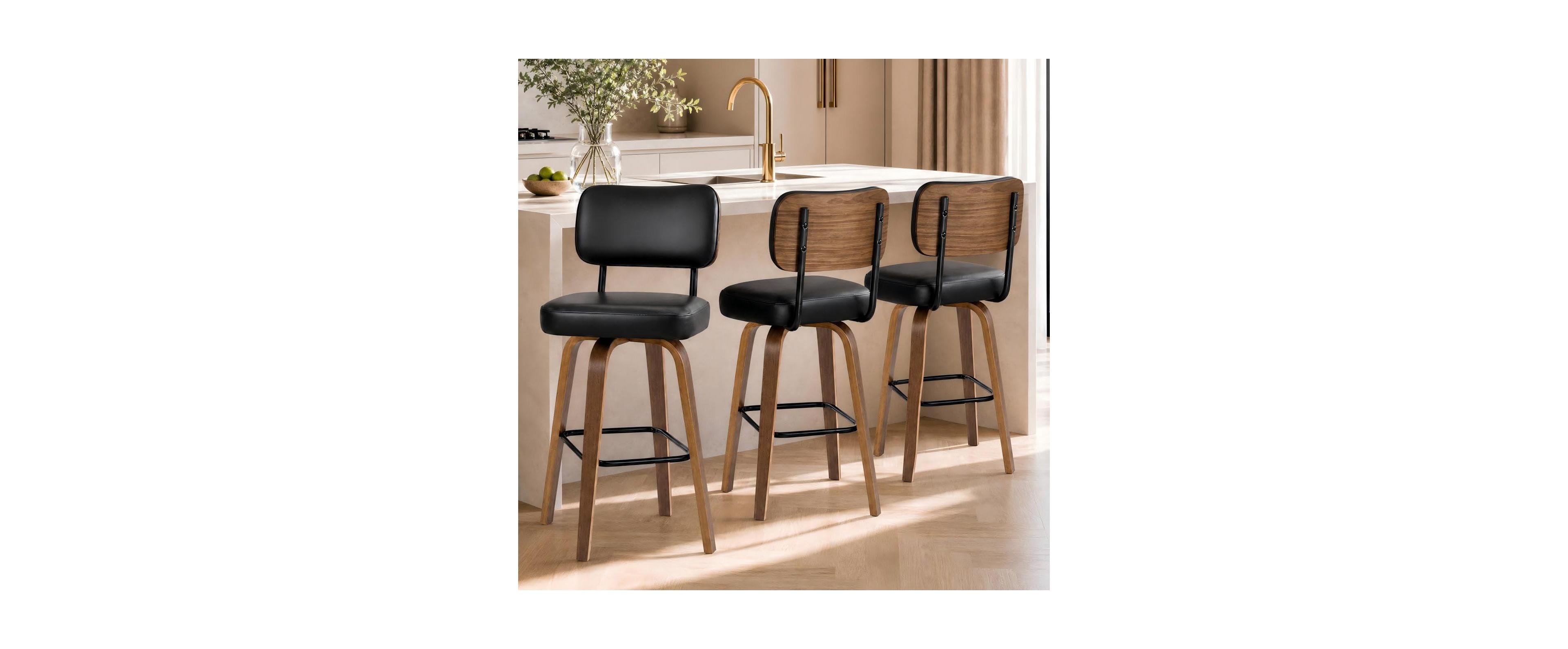 gaomon Set of 3 Modern 26 Inch Counter Height Swivel Bar Stools, Faux Leather Backrest and Bentwood Legs for Kitchen Island Home