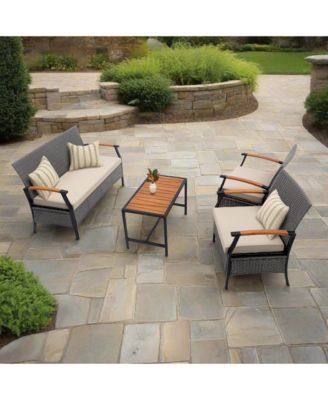 - Outdoor 4 Piece Steel frame Conversation Set with Wood Armrests and Cushions