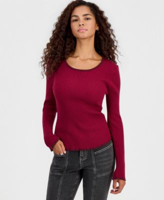 Juniors' Scoop Neck Ruffled Hanky Long-Sleeve Pullover