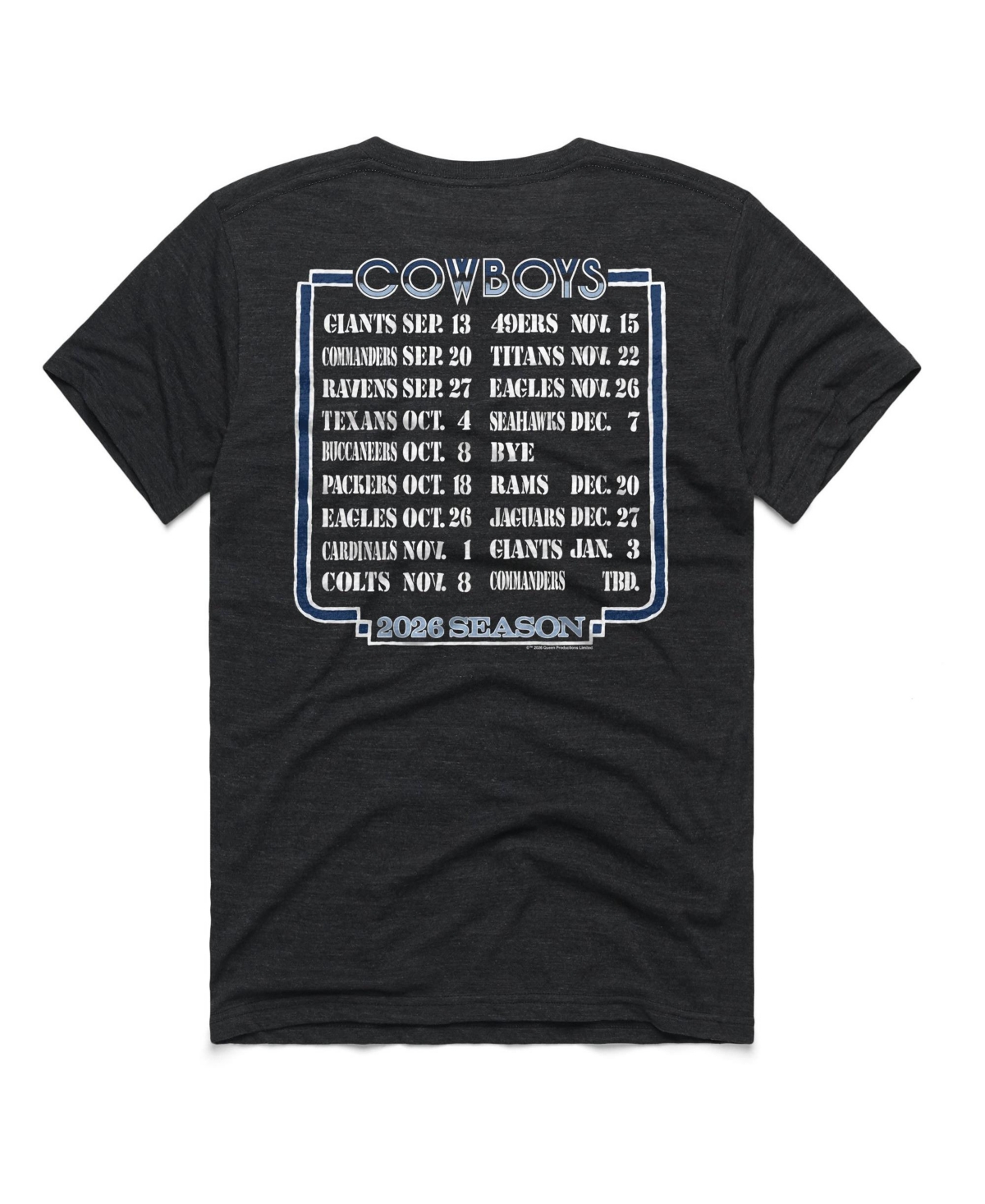 Homage Men's and Women's Dallas Cowboys 2026 Nfl Schedule Relaxed-Fit Queen T-Shirt