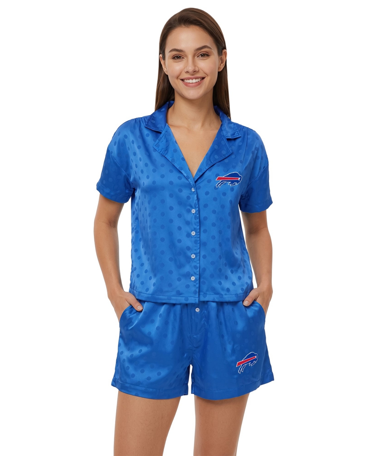 Concepts Sport Women's Buffalo Bills Wink Dot Satin Jacquard Polka-Dot Button-Up Shirt and Shorts Set