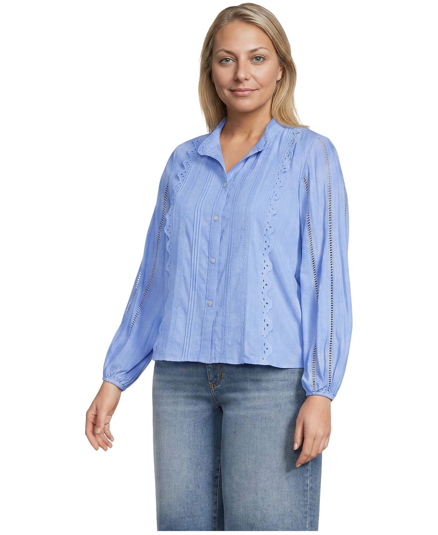 Женская рубашка Lands' End Plus Size Ruffle-Neck Pintuck with Embroidery and Lace Long-Sleeve, цвет: Прозрачный синий небесно-голубой — фото 3
