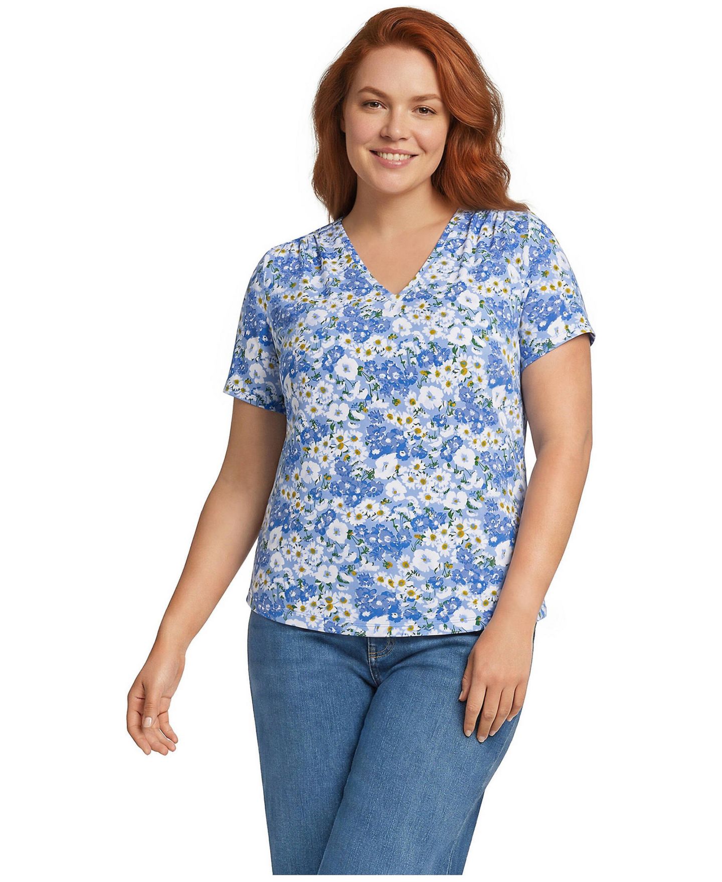 Женская футболка Lands' End Plus Size Short Sleeve Lightweight Jersey Gathered Shoulder, цвет: Прозрачный синий / Слоновая кость — фото 3