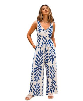 Women's V-Neck Scalloped Trim Vest and Wide-Leg Pants Set