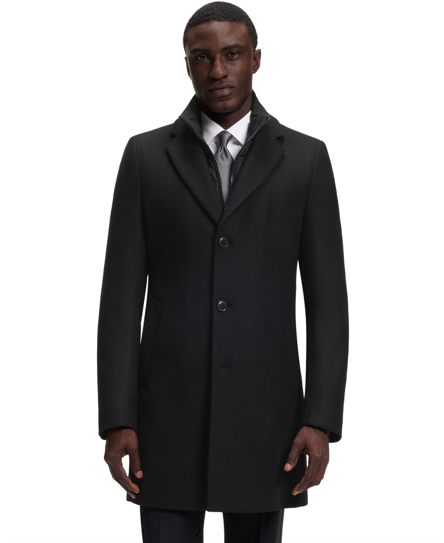 Мужское пальто Hugo Boss Hyde Slim-Fit Wool-Blend Zip-Up Inner Overcoat, цвет: Чёрный — фото 1