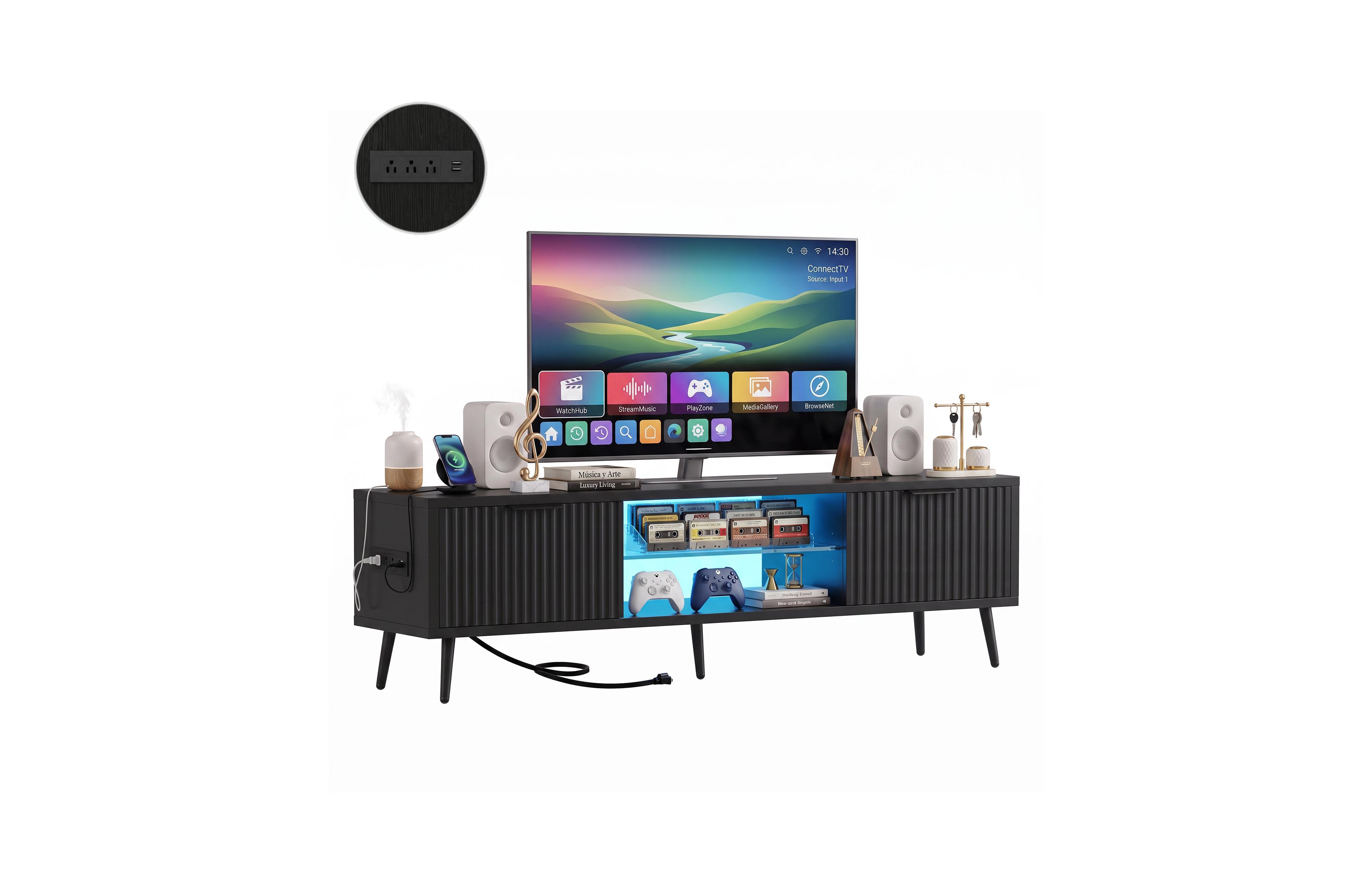 Aheaplus Tv Stand Media Console Table with Power Outlet for 30-60"