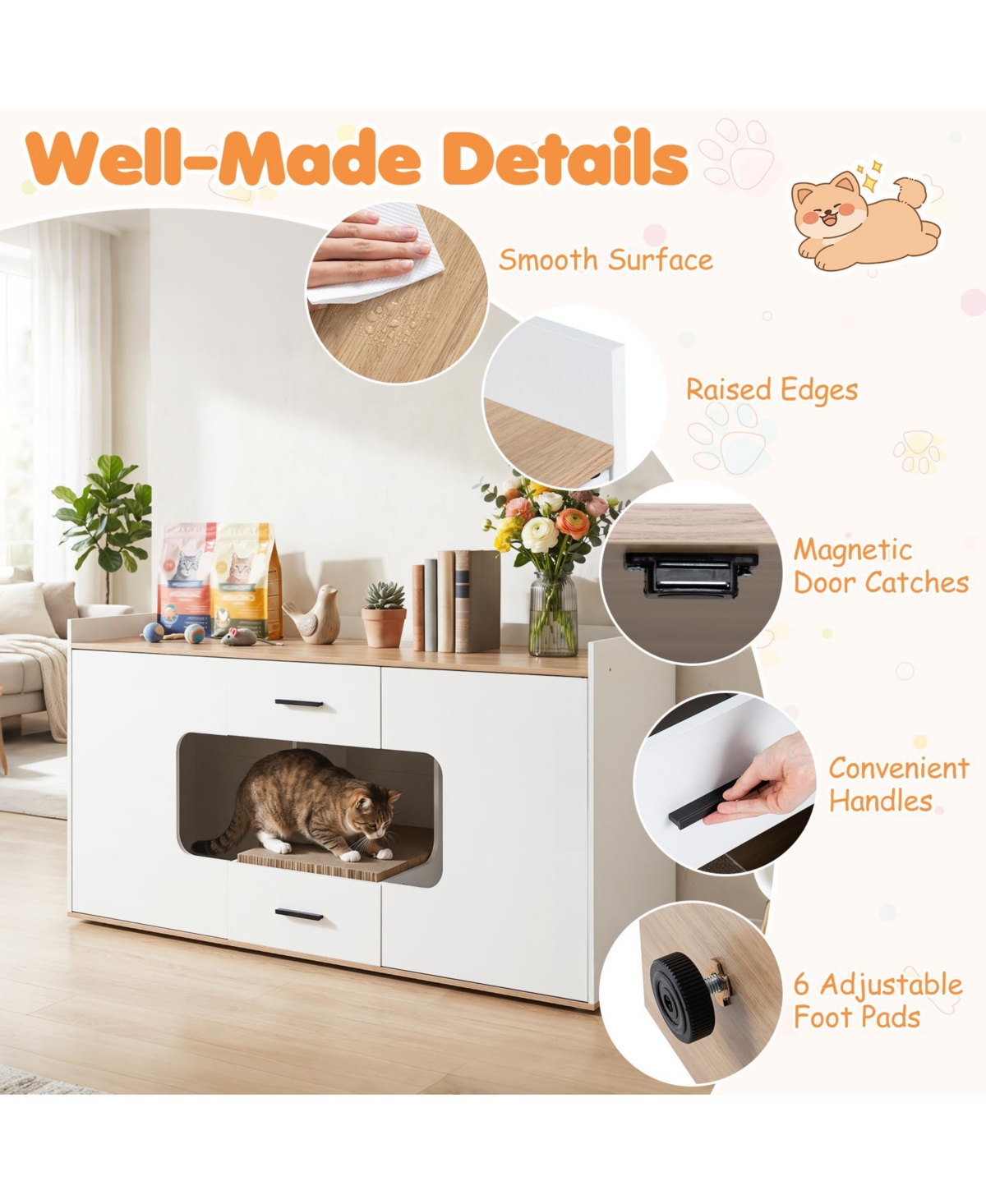 Gymax Cat Litter Box Enclosure Wooden Hidden Cat House Cabinet w/ Wide Countertop