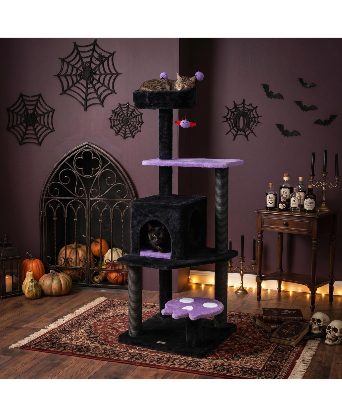 Gymax 57'' Gothic Cat Tree for Indoor Cats with Padded Perch 2-Entry Condo Hanging Toy