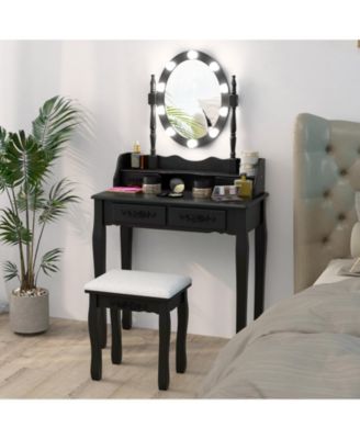 Makeup Dressing Table with Touch Switch Lighted Mirror and Cushioned Stool