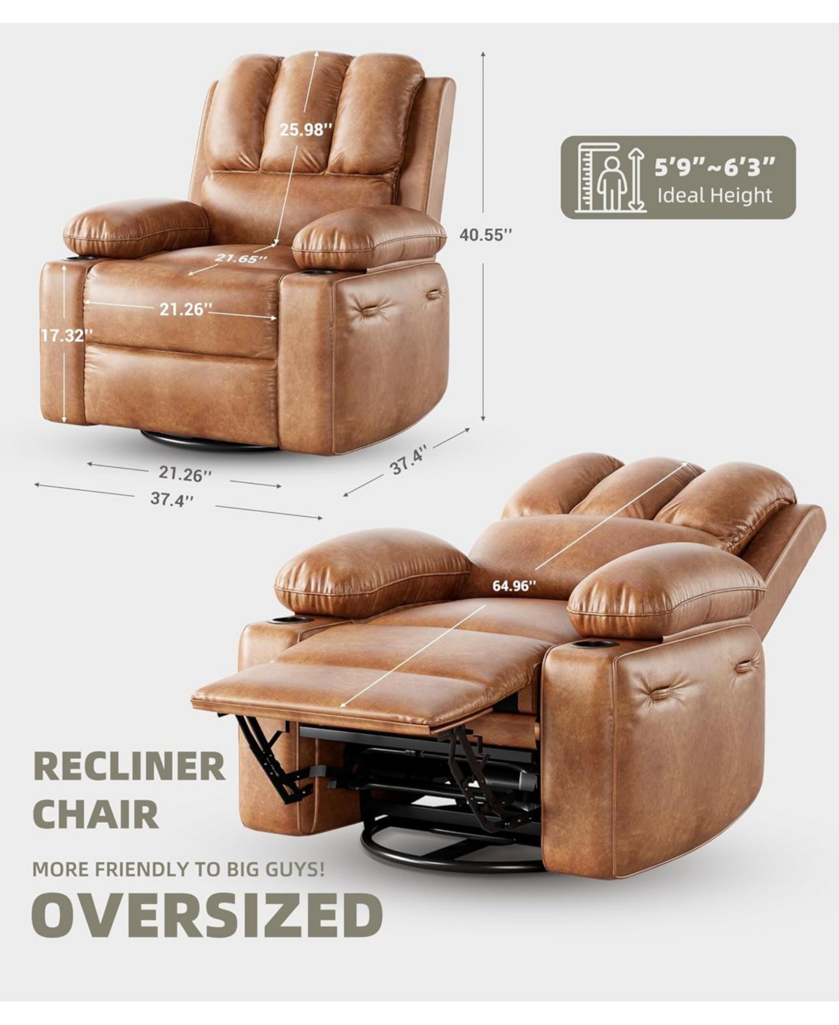 gaomon Pu Leather Swivel Rocker Manual Recliner Sofa Chair, Heat and Massage for Living Room