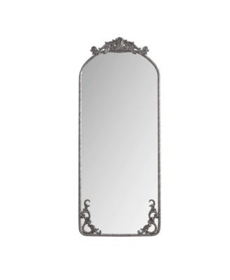 58 x 24 Inch Arched Full Body Mirror with Vintage Ornate Carved Applique Top and Bottom Hanging Wall Mounted Antique Silver for Living Room