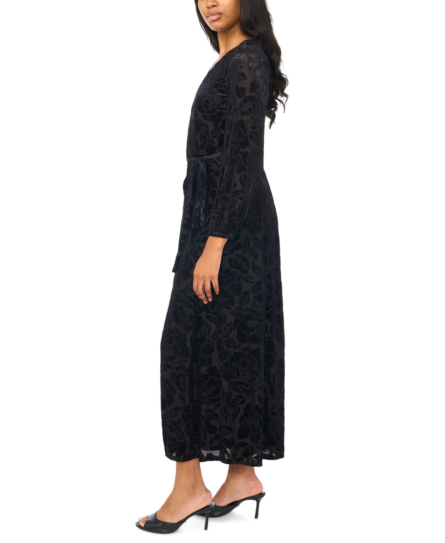 Женское платье MSK Floral Long-Sleeve Velvet Burnout V-Neck Wrap Maxi, цвет: Чёрный — фото 2