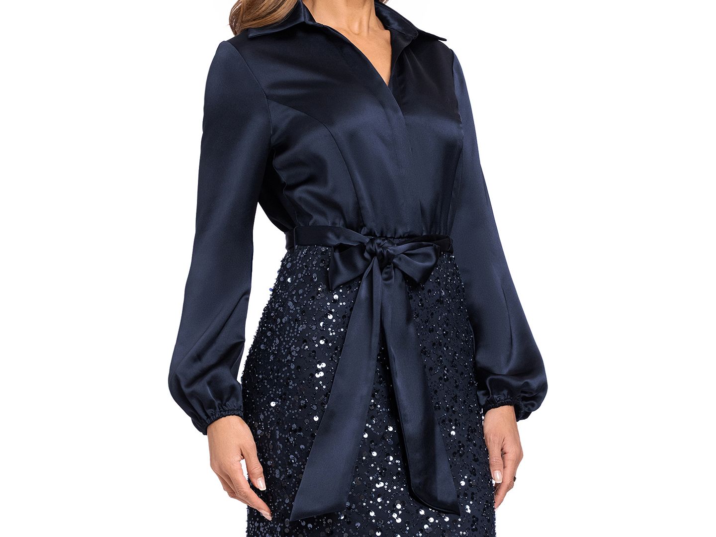Женские платья XSCAPE Long-Sleeve Sequin Gown, цвет: Тёмно-синий — фото 3