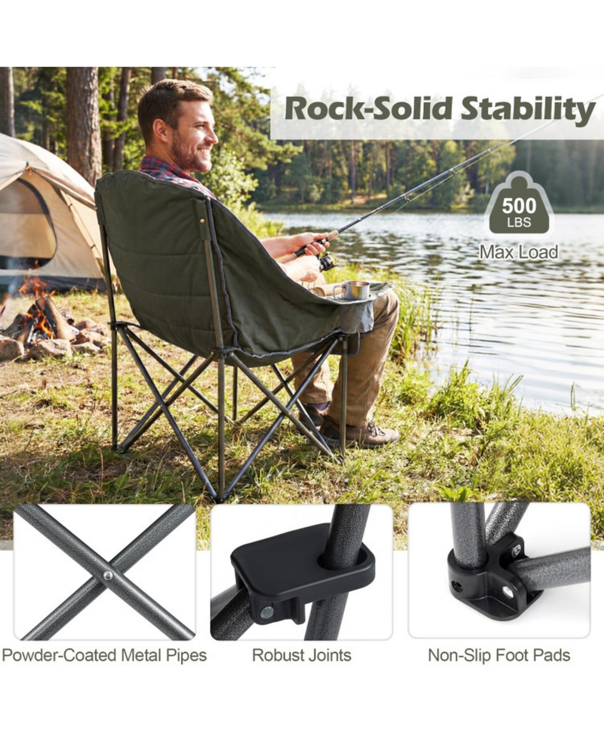 Sugift Oversized Folding Camping Chair with Cup Holder Side Pockets and 500 lbs Capacity