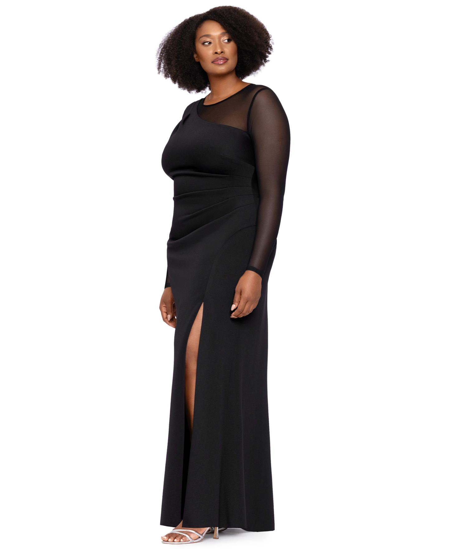 Женское платье XSCAPE Plus Size Wedding Guest Long-Sleeve Mesh, цвет: Чёрный — фото 3