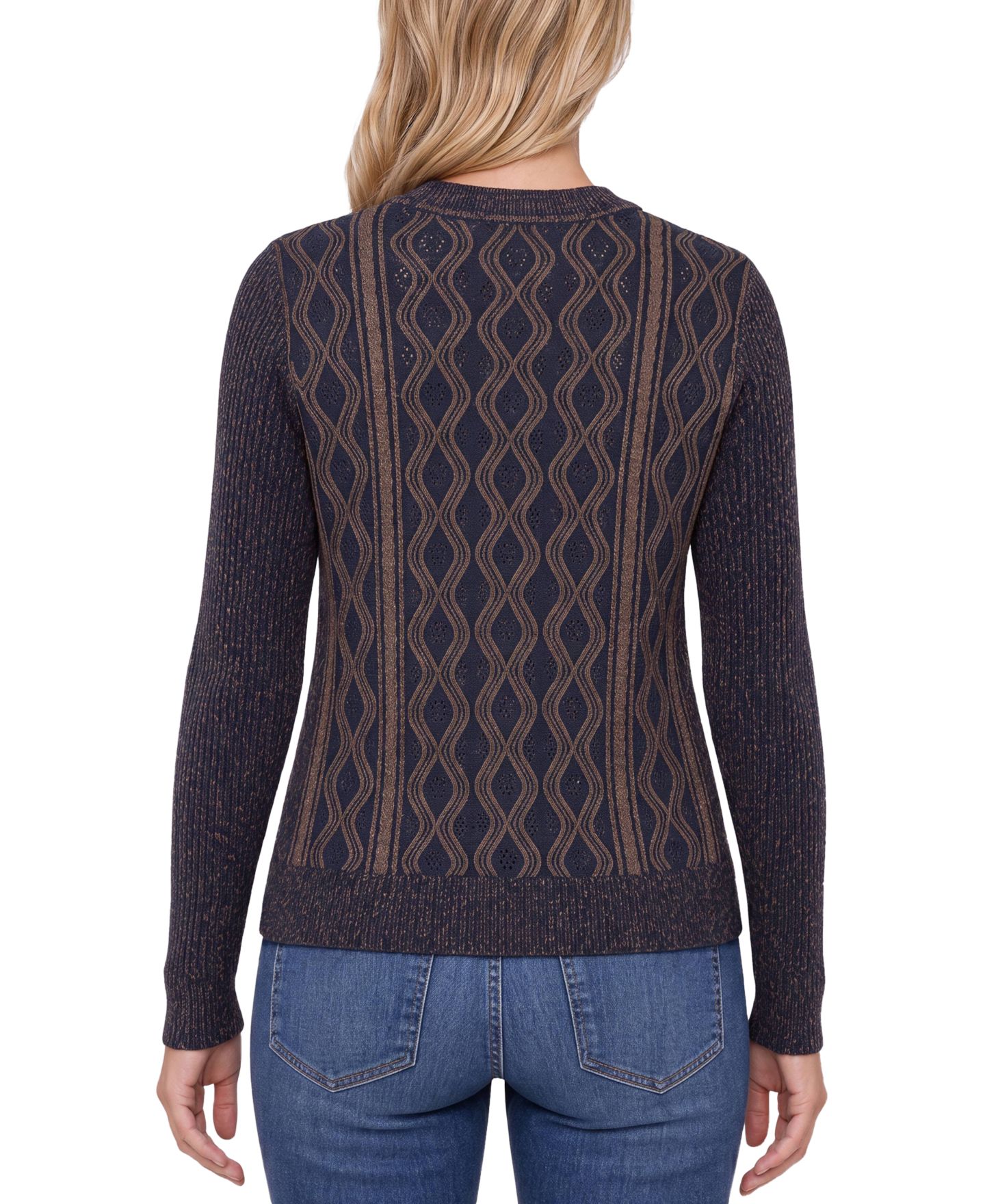 Женский свитер Liverpool Los Angeles Cable-Knit Diamond-Pattern Crewneck, цвет: Тёмно-синий / Коричневый — фото 3