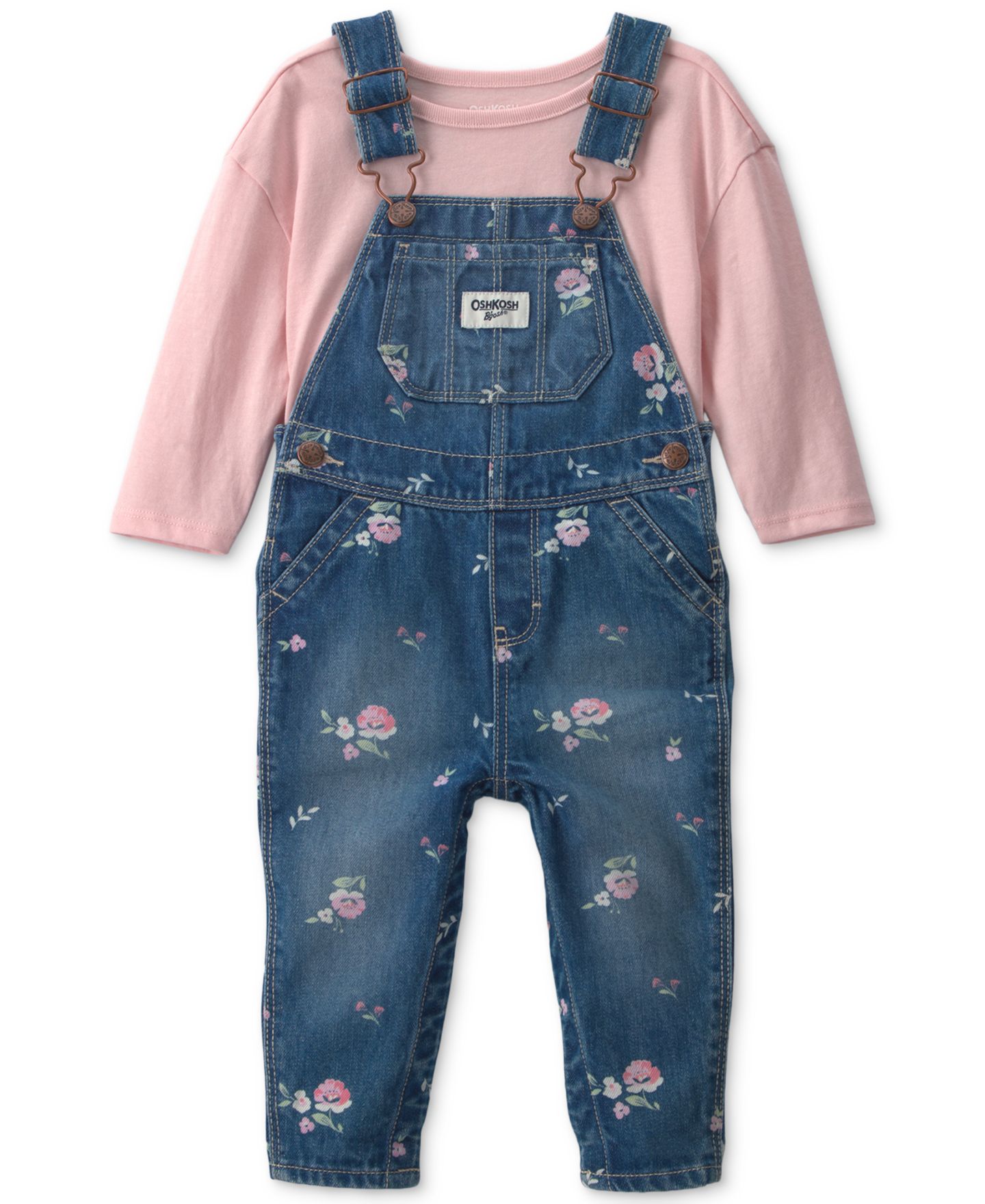 Детский комплект Oshkosh B'Gosh для девочки: джинсовый топ с цветами и полукомбинезон, цвет: Синий / Розовый — фото 1