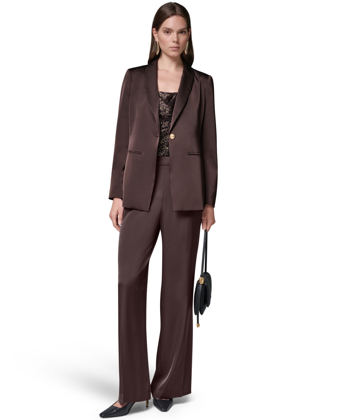 Donna Karan New York Petite Satin Shoulder-Padding Long-Sleeve Blazer