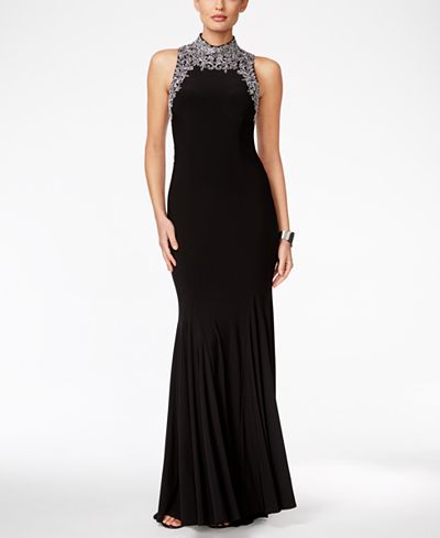 Betsy & Adam Embellished Mock-Neck Gown