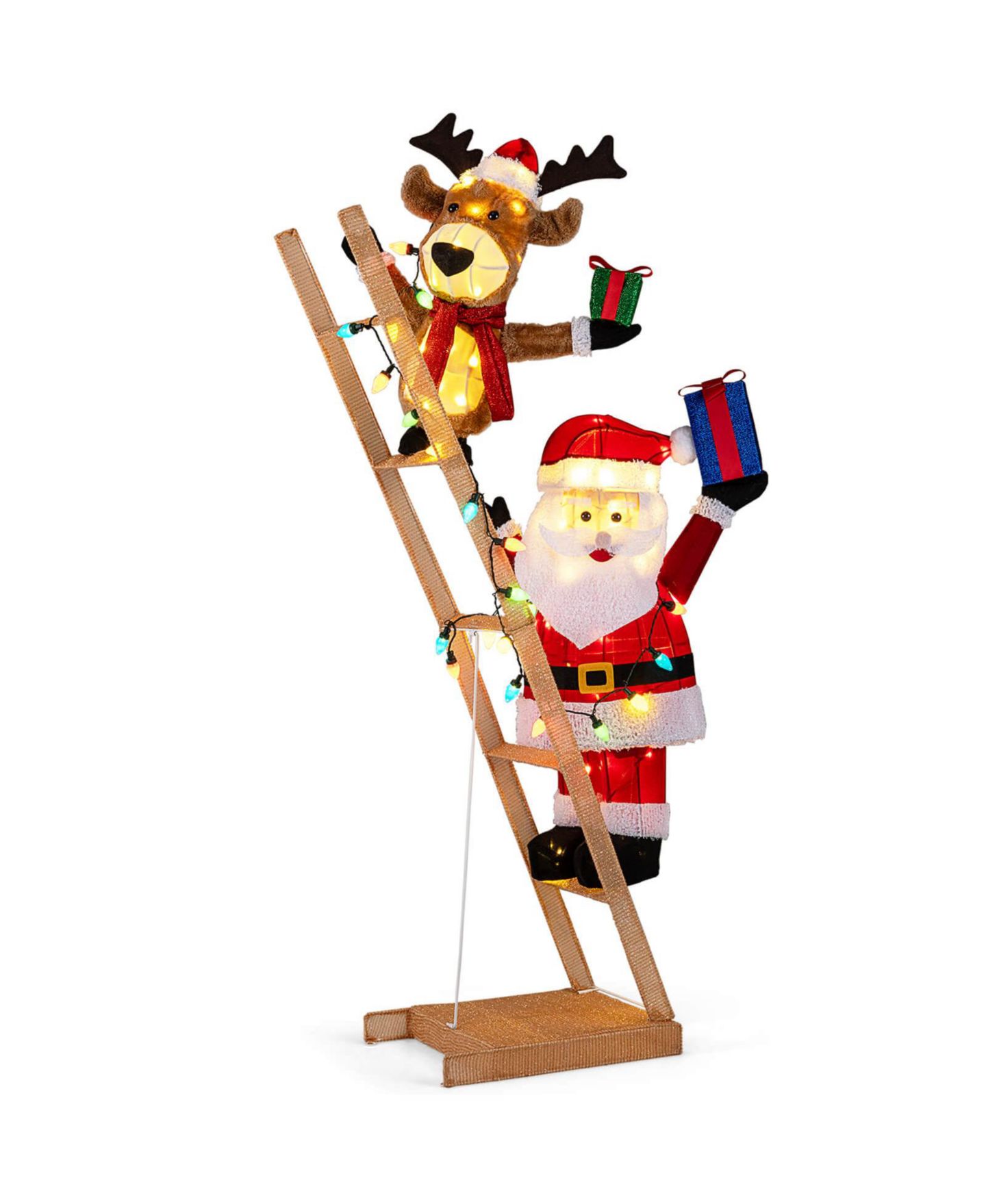 Детская игрушка Costway 5.5 FT Lighted Reindeer and Santa Claus on Ladder with 100 LED Lights, Zip Ties, цвет: Красный — фото 2