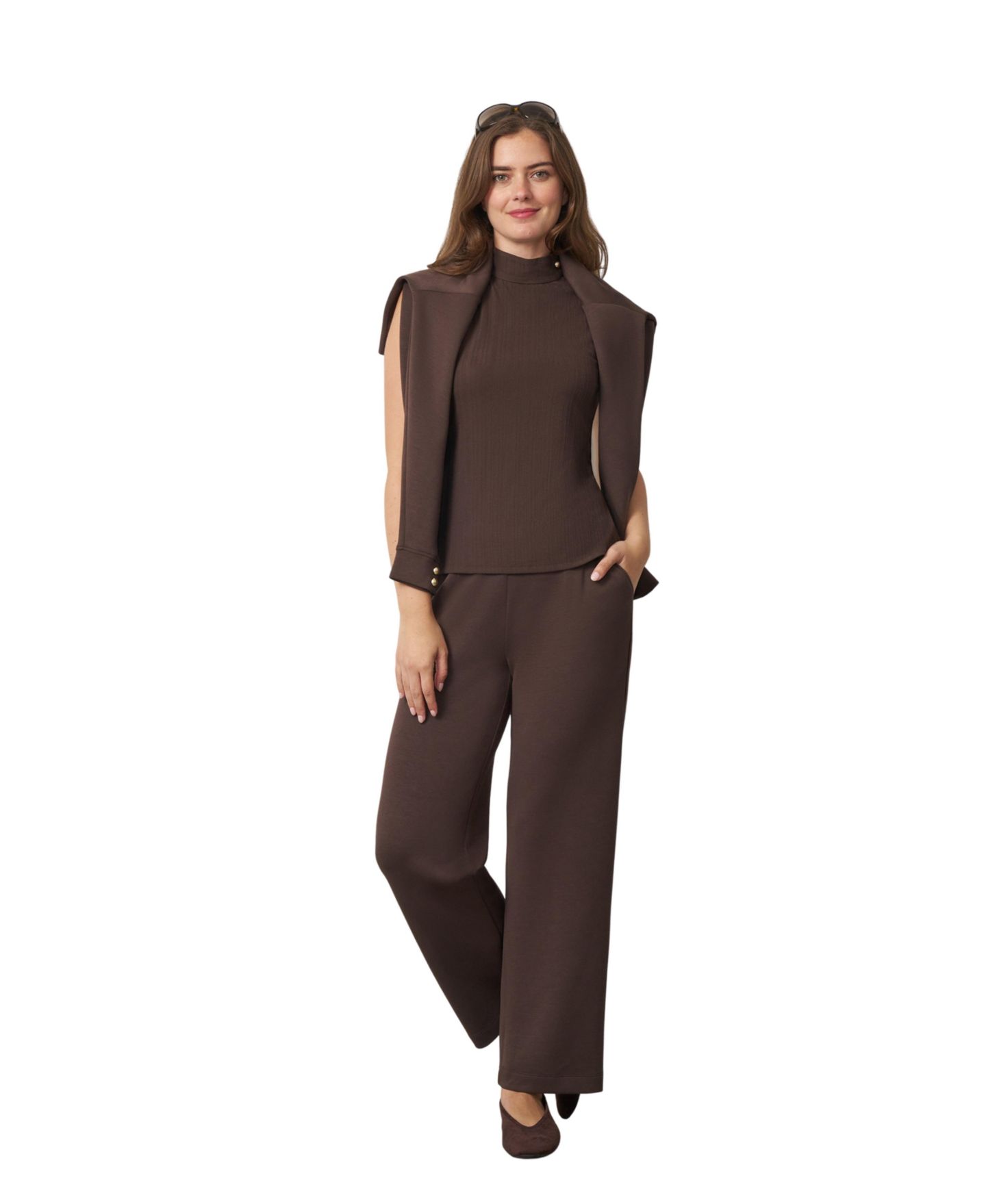 Cable & Gauge Women's Rib-Knit Mock Neck Shell, Overlay, and Pants 3-Piece Set, цвет: Шоколадный коричневый — фото 7