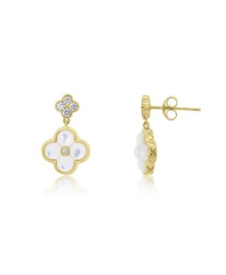Mother of Pearl CZ Clover Drop Earrings 14K Gold-Plated Sterling Silver