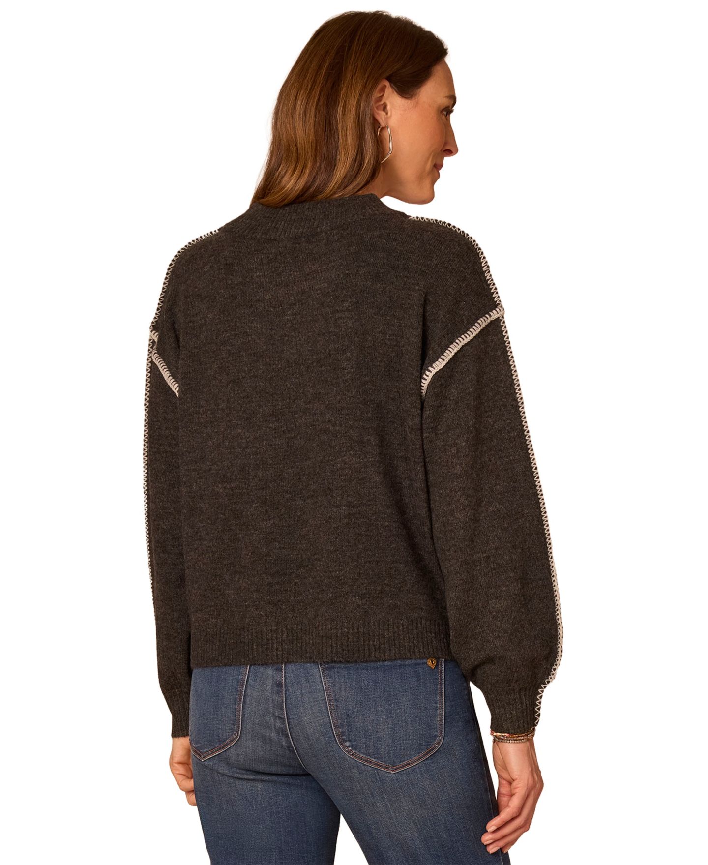 Женский свитер Democracy Long-Sleeve Blanket Stitch Embroidery V-Neck, цвет: Меланжевый угольный / Слоновая кость — фото 4