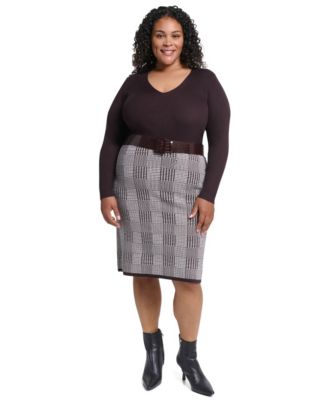Plus Size Houndstooth-Plaid V-Neck Long-Sleeve Dress