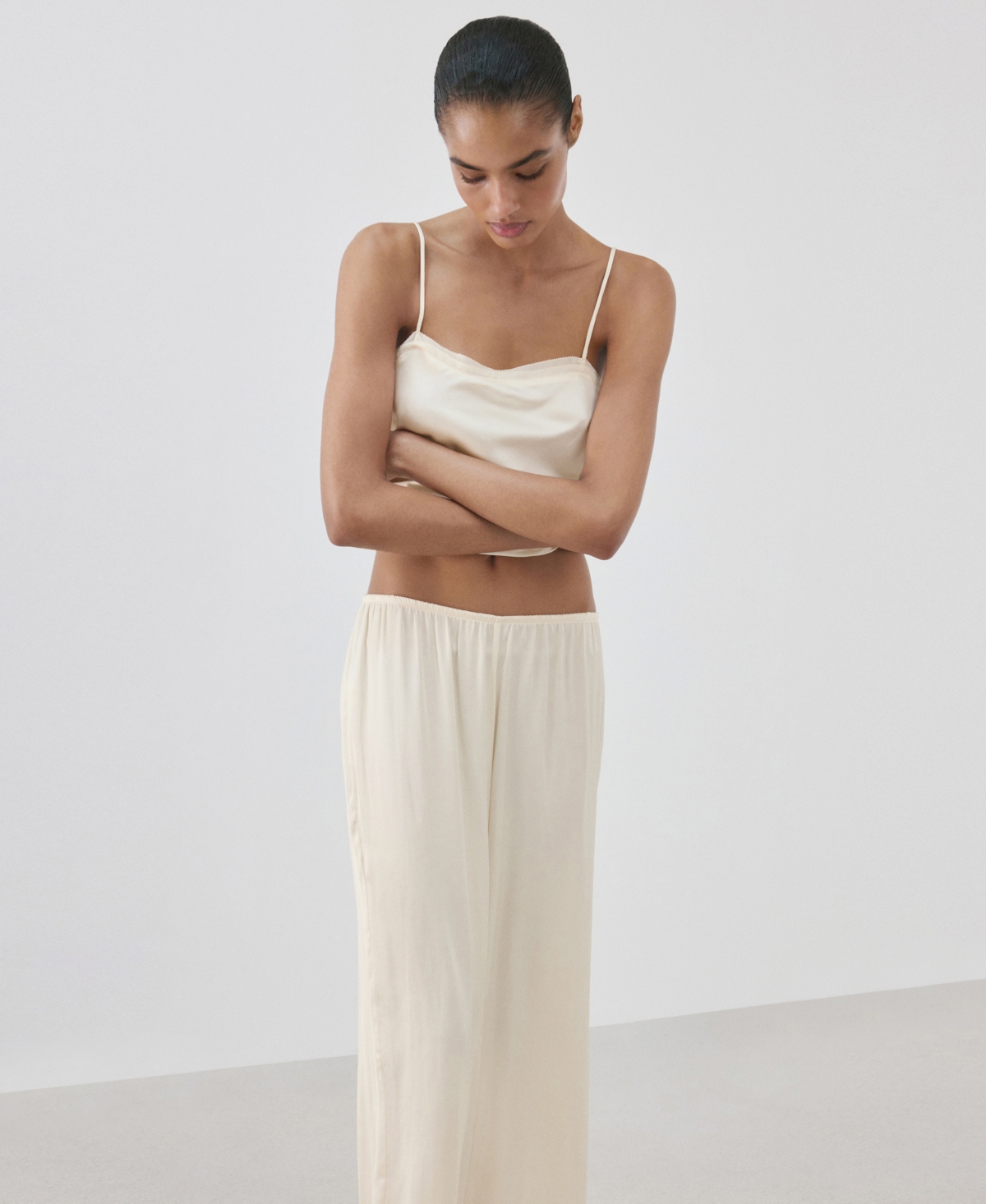 Mango Women's Satin Lace-Trim Pajama Pants