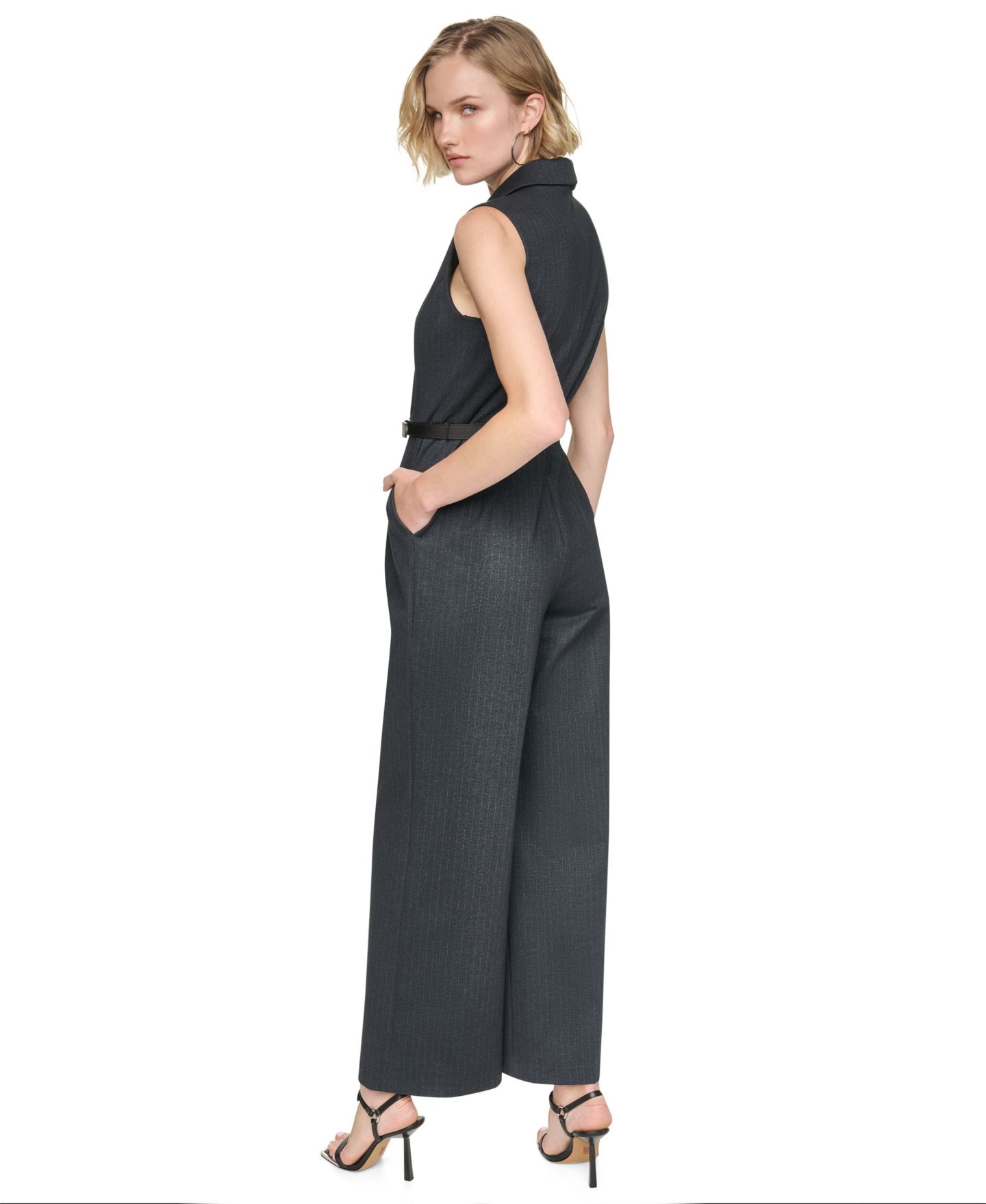 Женский комбинезон DKNY Sleeveless Wide-Leg Jumpsuit, цвет: Тёмно-синий / Чёрный — фото 6