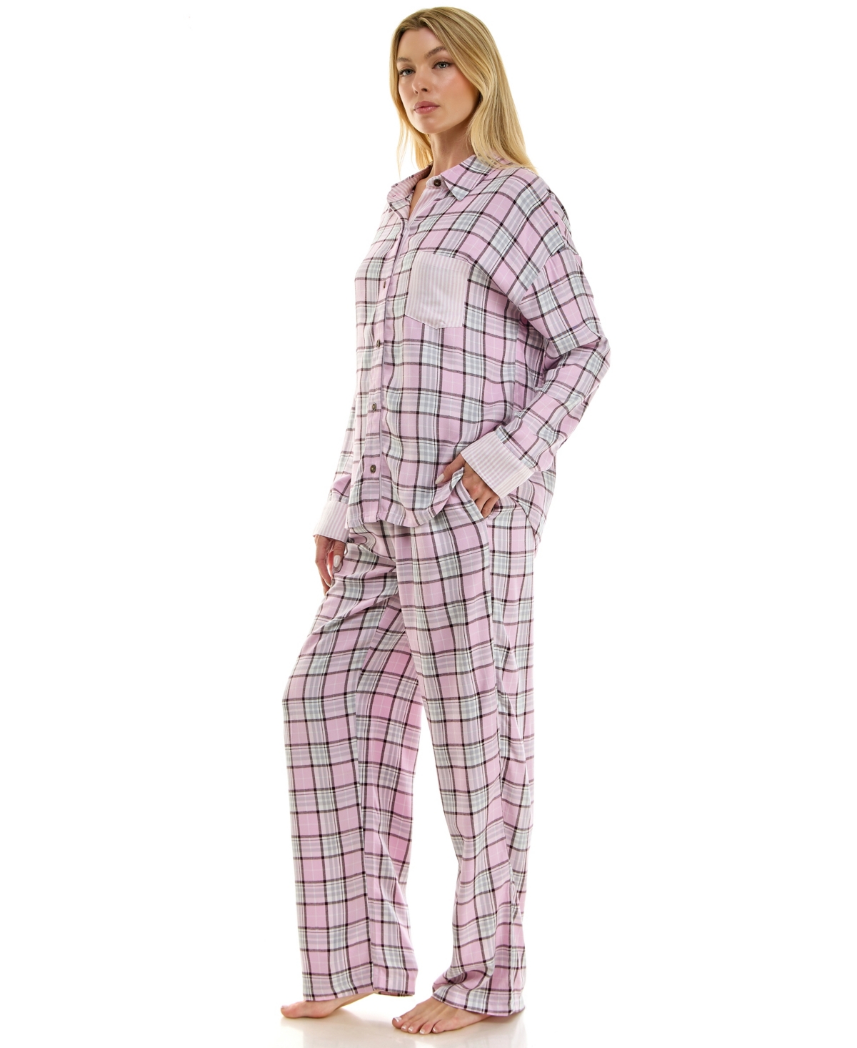 Roudelain Women's Flannel Collared Long-Sleeve Shirt and Pant Pajama Set