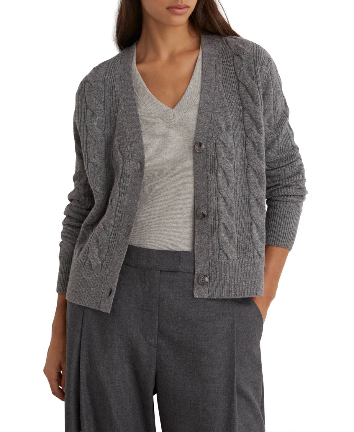 Reiss Women's Elowen Wool-Cashmere Cable-Knit Cardigan - Charcoal G
